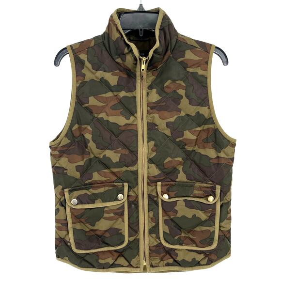 J. Crew Camo Print Down Excursion Vest Womens Size Small Green Brown Quilted - Picture 1 of 4